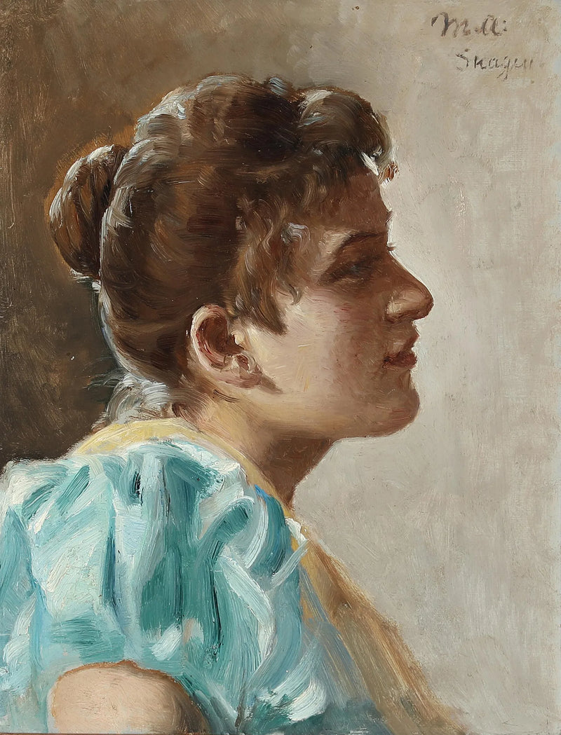 Portræt af en ung kvinde i en gul og turkis kjole. - Michael Peter Ancher