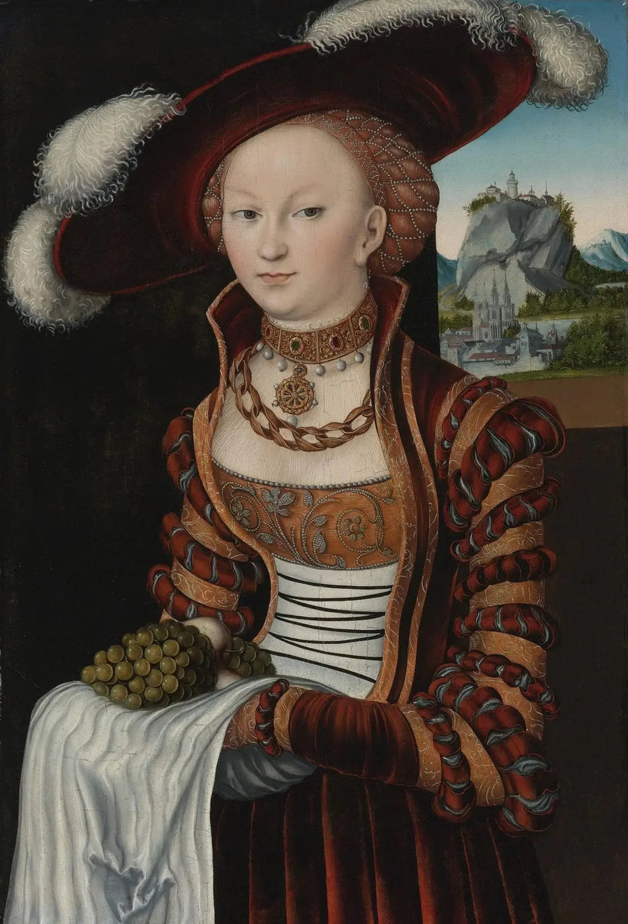 Portræt af en ung kvinde, der holder en klase druer - Lucas Cranach den Ældre
