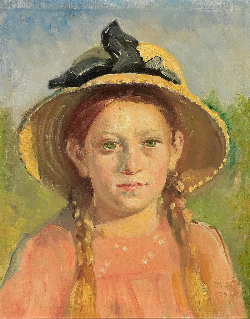 Portræt af en ung pige med flettet hår og iført en stråhat prydet med et blåt bånd. - Michael Peter Ancher