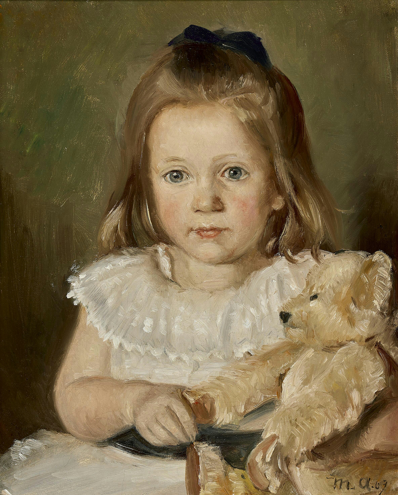 Portræt af en lille pige med sin bamse. - Michael Peter Ancher