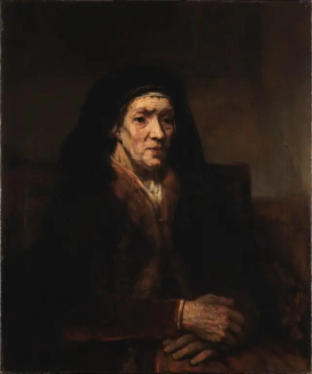 Portræt af en gammel kvinde, der sidder med hænderne foldet - Rembrandt