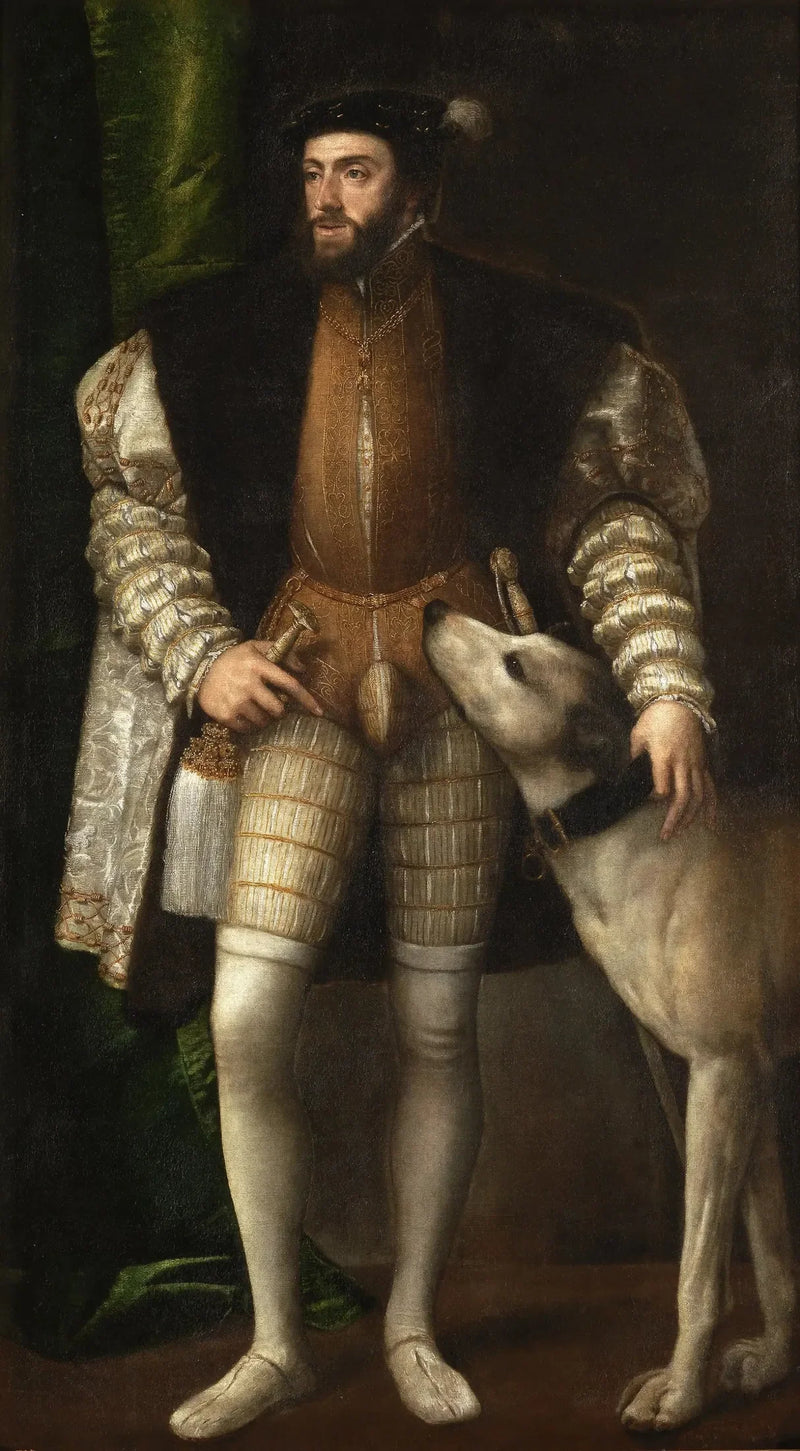 Portræt af Karl V med en hund - Titian