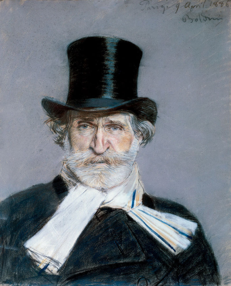 Portræt af Giuseppe Verdi med hvid tørklæde og høj hat - Giovanni Boldini