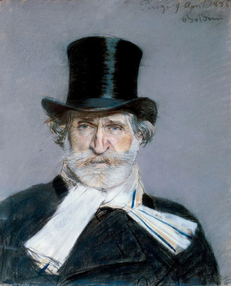 Portræt af Giuseppe Verdi med hvid tørklæde og høj hat - Giovanni Boldini