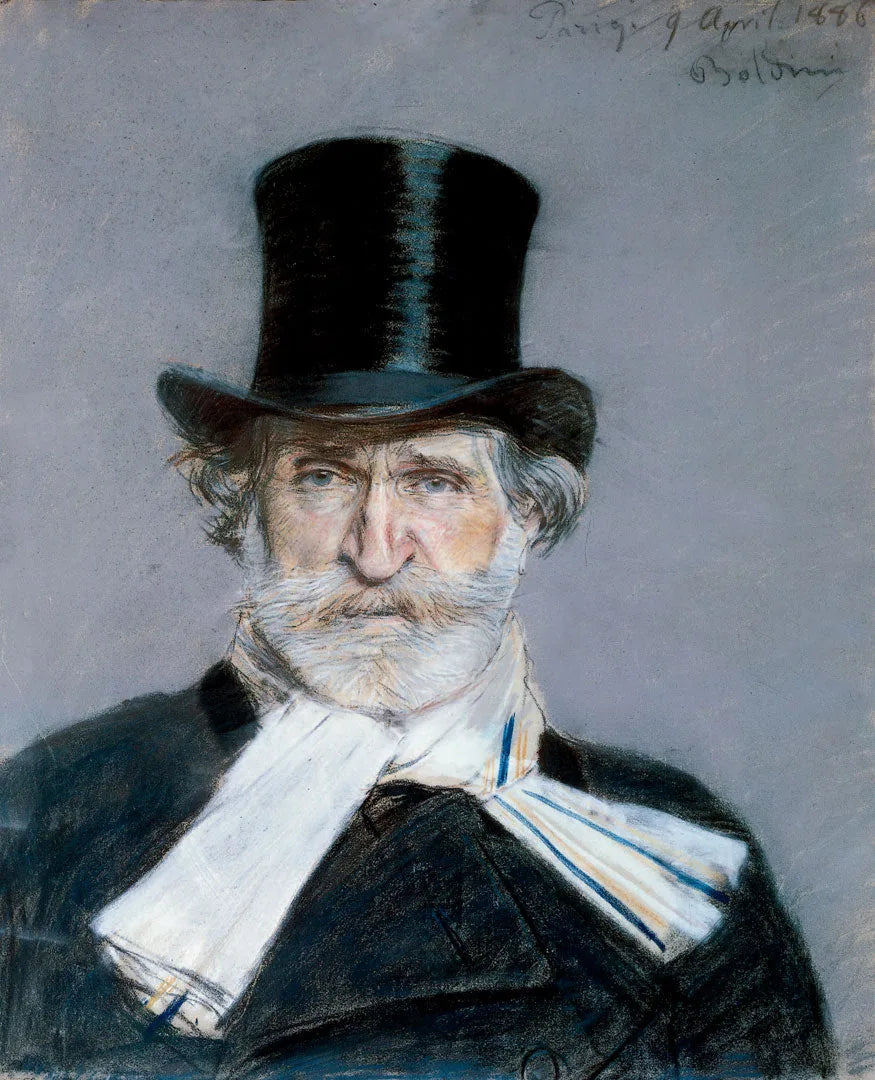 Portræt af Giuseppe Verdi med hvid tørklæde og høj hat - Giovanni Boldini