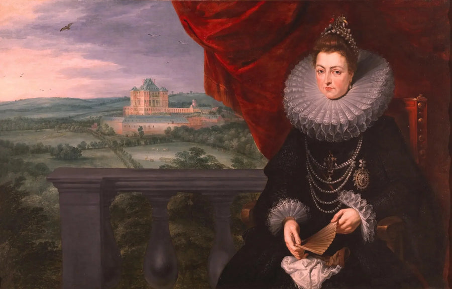 Portræt af prinsesse Isabelle med Mariement-slottet i baggrunden - Peter Paul Rubens