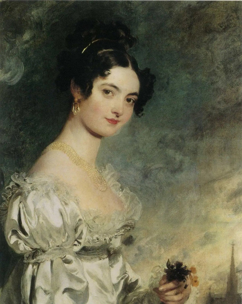 Portræt af Lady Selina Meade (1797–1872), halvlængde, i en ivory satin kjole, med spiret af Stephansdom i Wien, i baggrunden - Thomas Lawrence