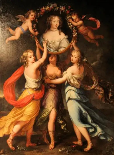 Portræt af Madame de Montespan støttet af nåderne og kronet af kærligheder - Pierre Mignard