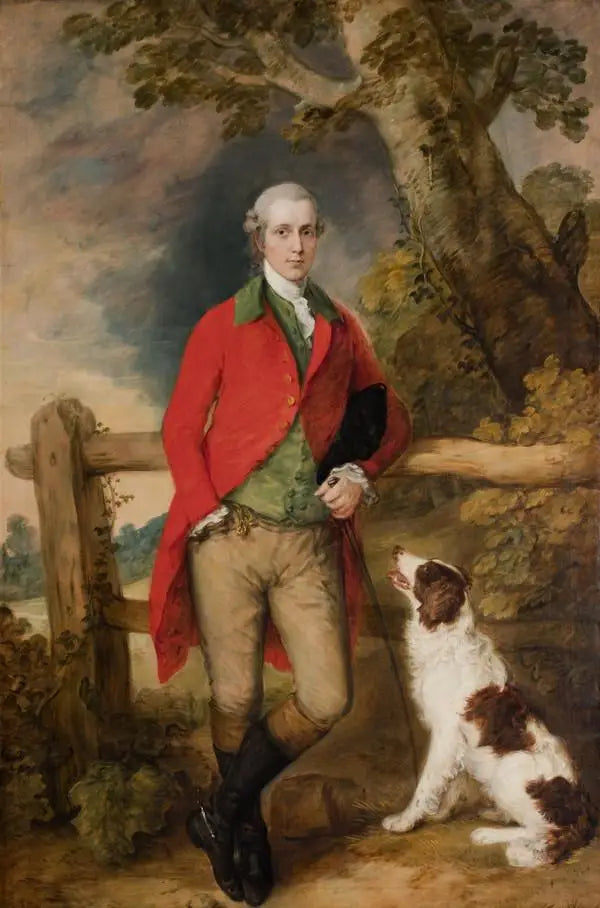 Portræt af Robert Thistlethwayte fra Norman Court, stående oprejst, iført en rød frakke, en grøn vest og chamois-bukser, holder en dåse, støttet mod et hegn, en engelsk springer ved hans side - Thomas Gainsborough