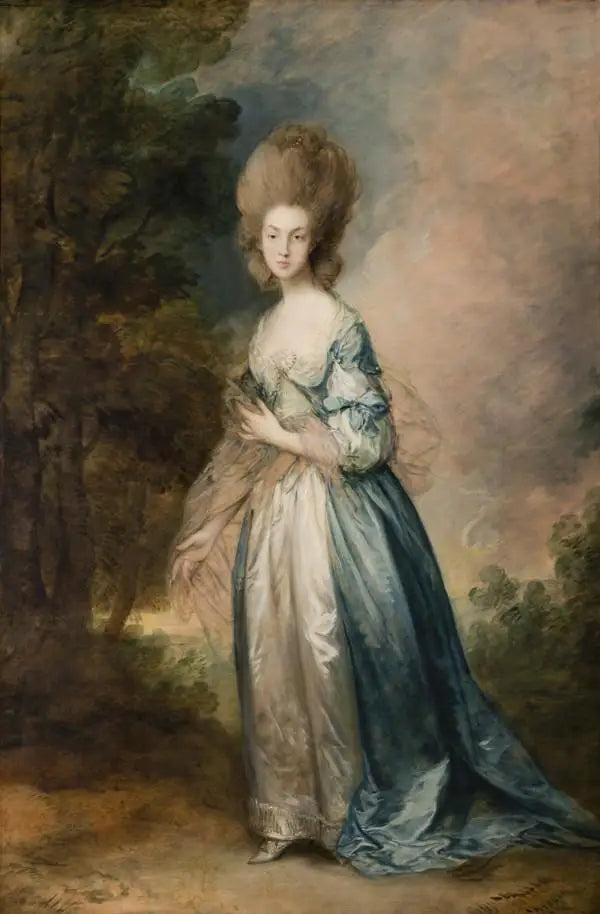 Portræt af Selina Thistlethwayte fra Normandiet, stående i blå og hvid kjole - Thomas Gainsborough