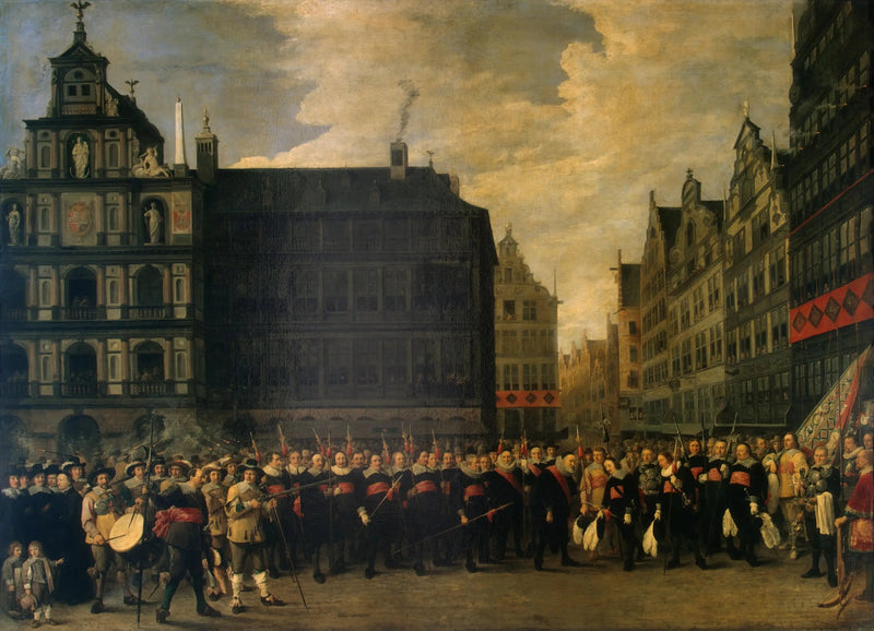 Portrait af medlemmerne af bueskytte-gildet på Grote Marked i Antwerpen - David Teniers den Yngre