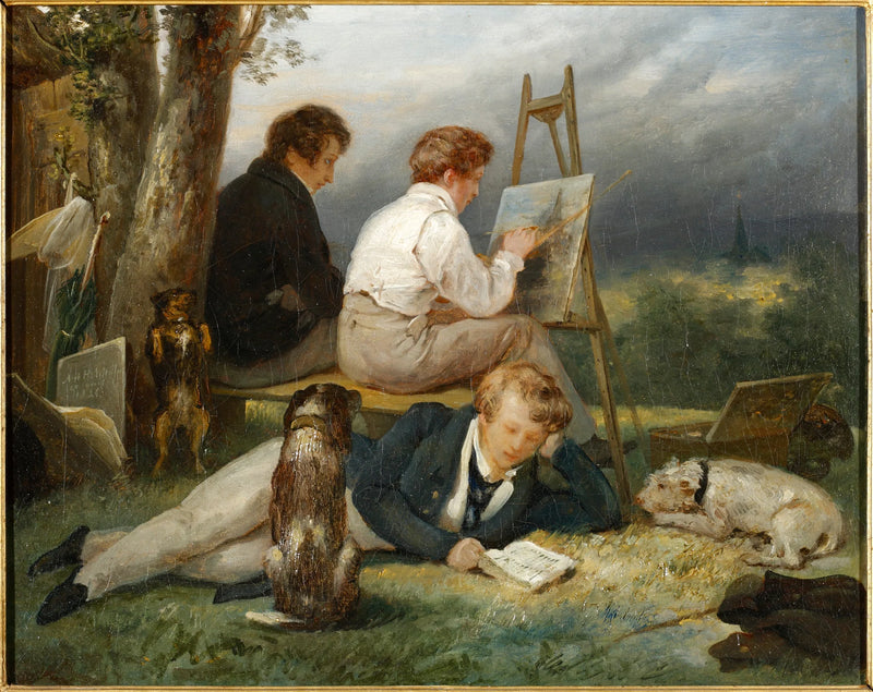 Portræt af de tre Scheffer-brødre i et landskab - Ary Scheffer