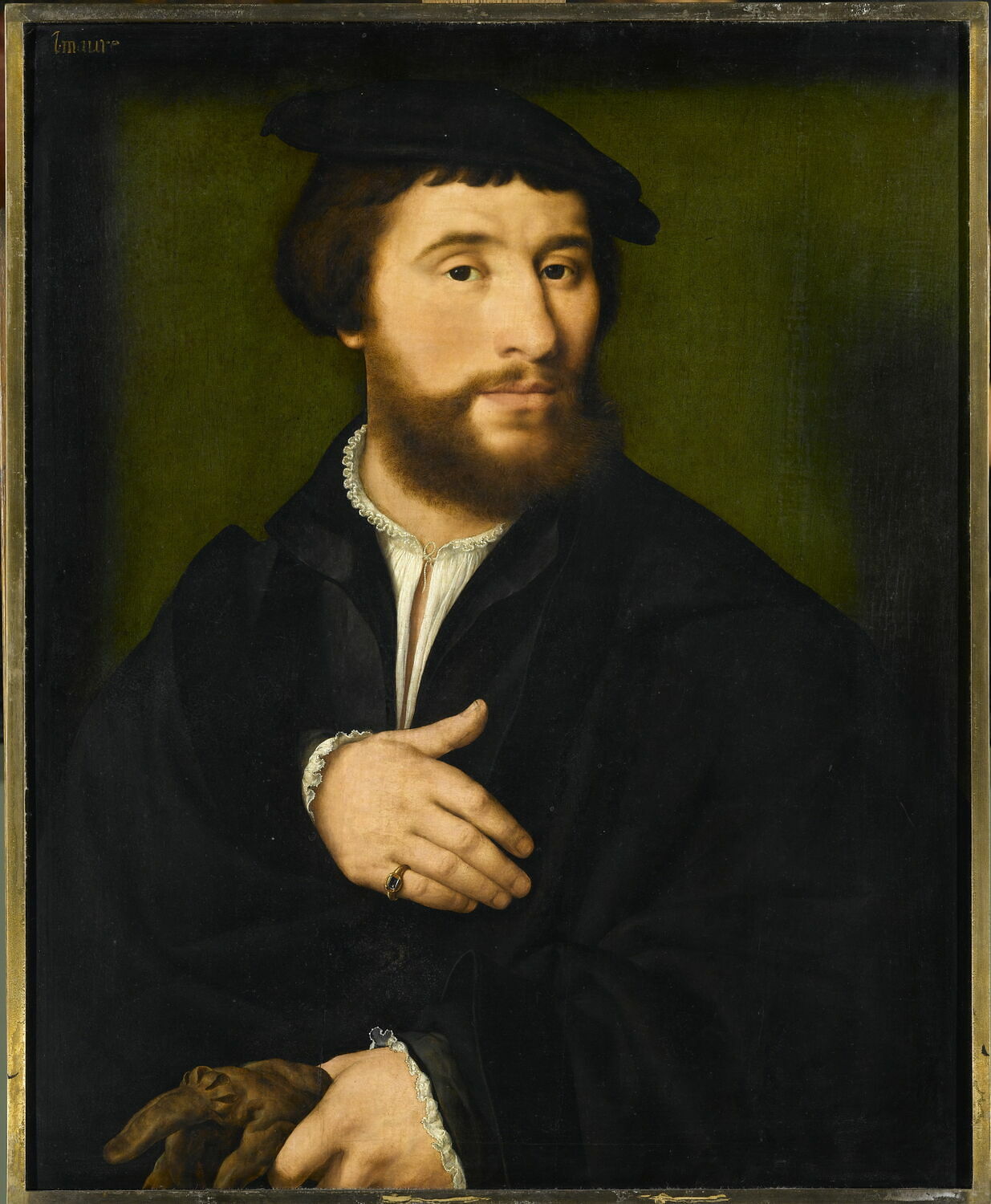 Portrait d’homme habillé de noir et tenant d’une main ses gants - Joos van Cleve - Alpha Reproduction