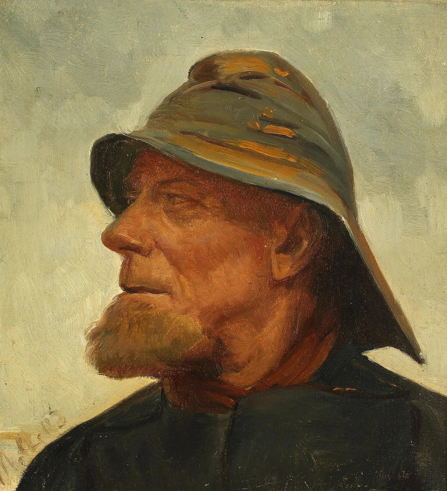 Portræt af fiskeren Jens Diget iført olieskind. -Michael Peter Ancher