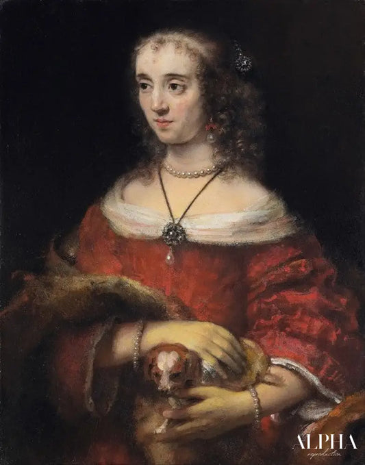 Portrait d'une dame avec un chien de salon - Rembrandt van Rijn - Reproductions de tableaux et peintures haut de gamme