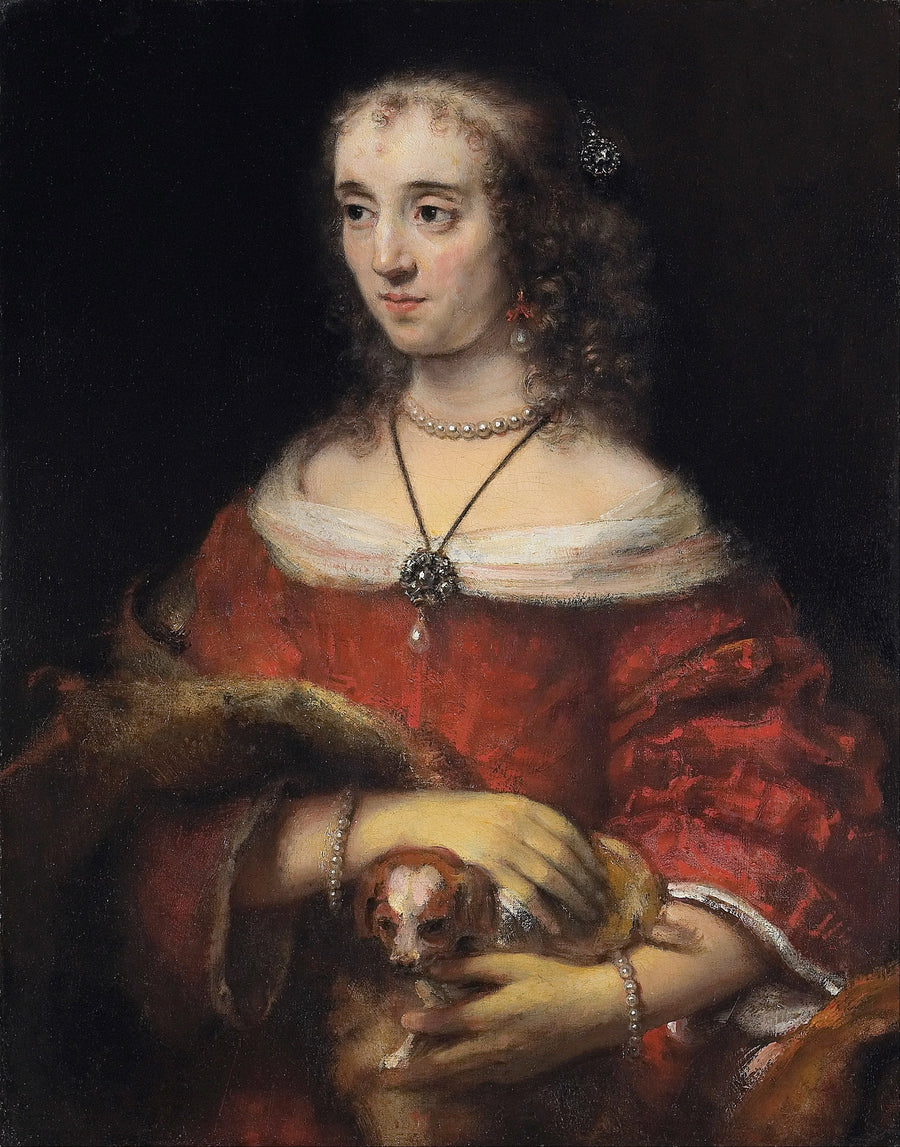 Portræt af en dame med en lille hund - Rembrandt