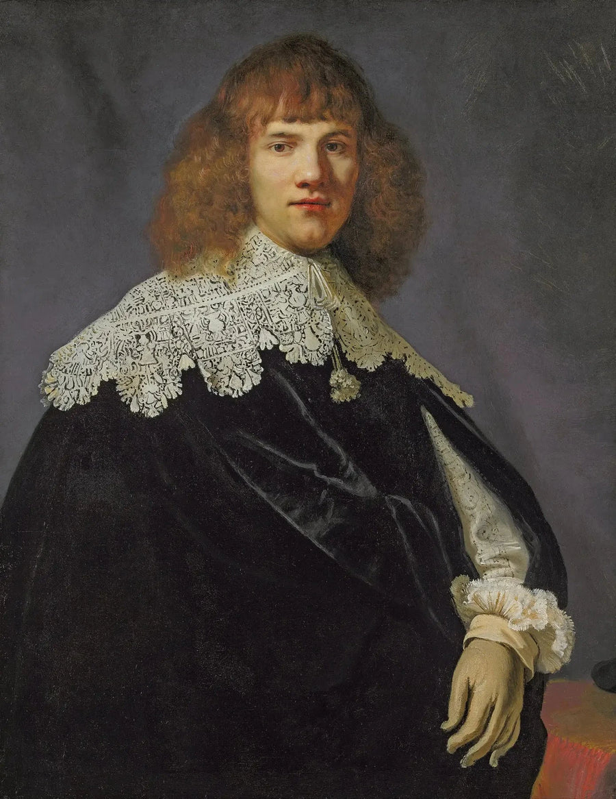 Portræt af en gentleman, halvkrop, iført en sort fløjlskappe og en krave og manchetter i hvidt blonder - Rembrandt