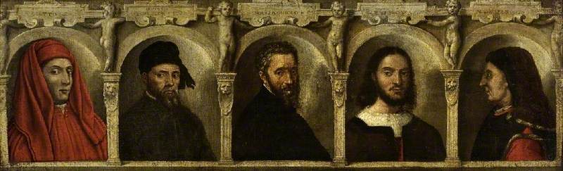 Portrætter af fem kunstnere, Giotto, Donatello, Michelangelo, Raphael og Brunelleschi - Francesco Salviati