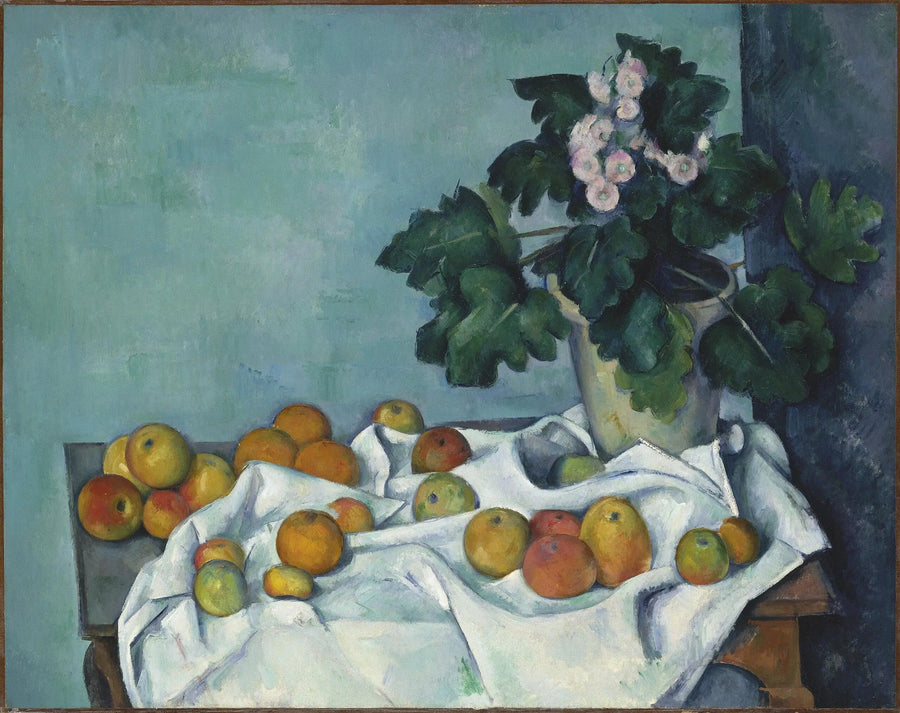 Potte med primulaer og frugter på et bord - Paul Cézanne
