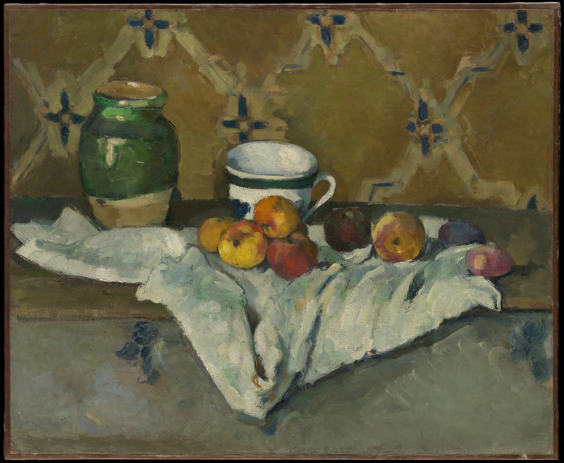 Keramik, kop og frugter på en hvid dug - Paul Cézanne
