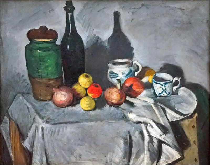 Potte, flaske, kop og frugter - Paul Cézanne