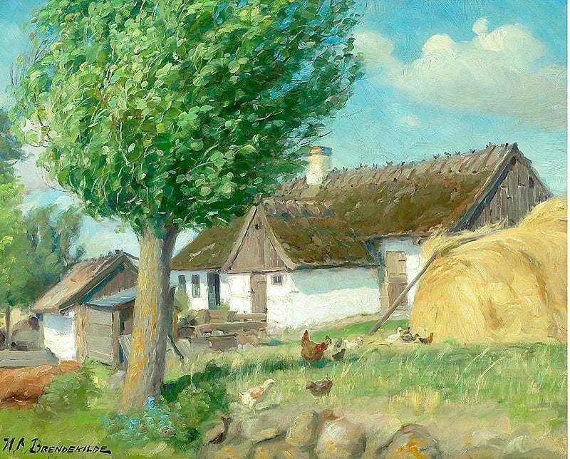 Høner foran en gård med stråtag. - H. A. Brendekilde