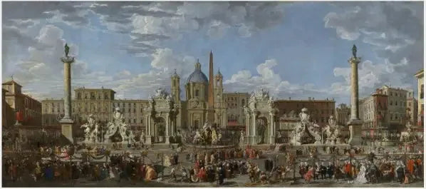 Forberedelser til at fejre fødslen af den Dauphin af Frankrig på Piazza Navona - Giovanni Paolo Panini