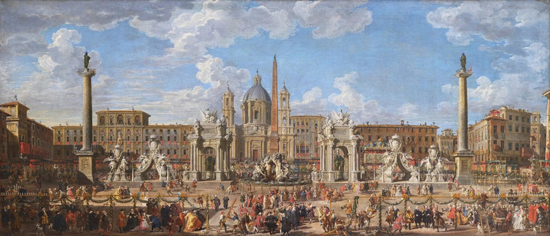 Forberedelse af fyrværkeri og festdekoration på Piazza Navona, Rom, den 30. november 1729, i anledning af Dauphinens fødsel - Giovanni Paolo Panini