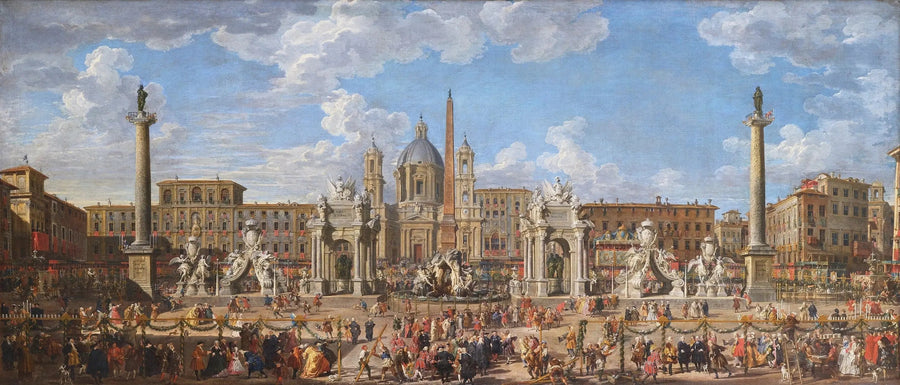 Forberedelse af fyrværkeri og festdekoration på Piazza Navona, Rom, den 30. november 1729, i anledning af Dauphinens fødsel - Giovanni Paolo Panini
