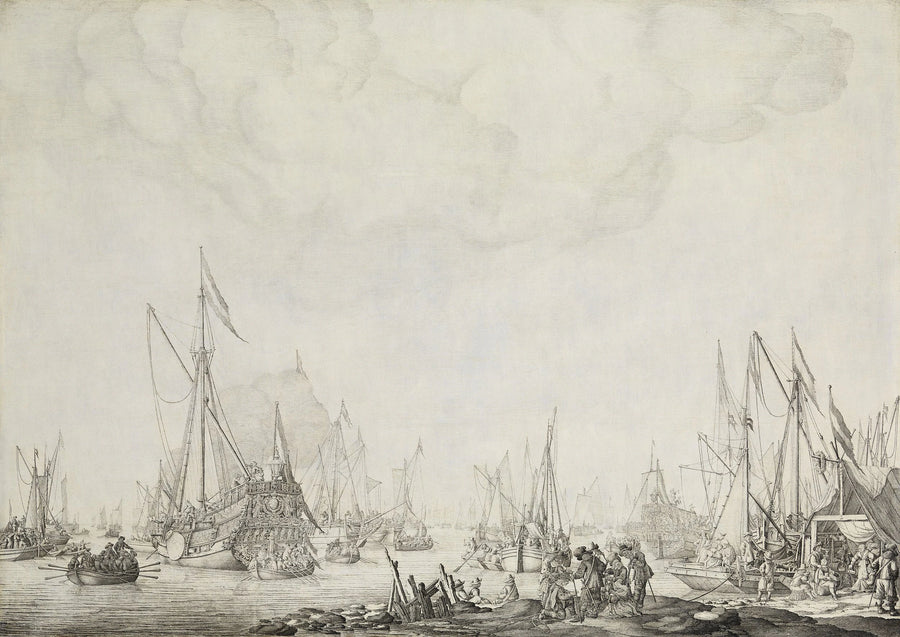 Le Prinsenjacht et le Statenjacht, attendant probablement l'arrivée de Charles II d'Angleterre à Moerdijk, 1660 - Willem Van de Velde l'Ancien