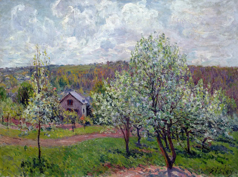 Forår i nærheden af Paris. Blomstrende æbletræer - Alfred Sisley