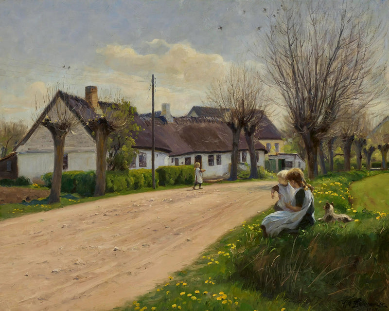 Forår i en landsby med piger ved vejkanten. - H. A. Brendekilde
