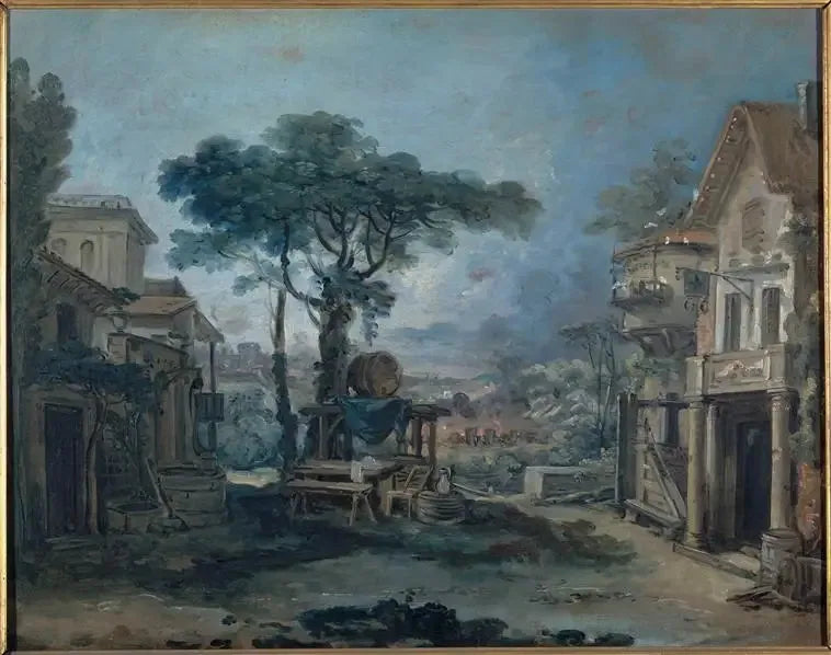 Projekt til en teaterdekoration: en landsbyplads - François Boucher