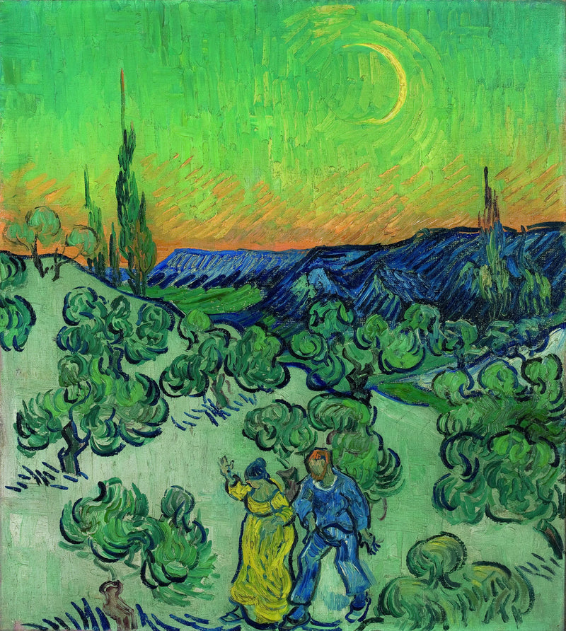 Landskab med et par der går og en halvmåne - Vincent van Gogh