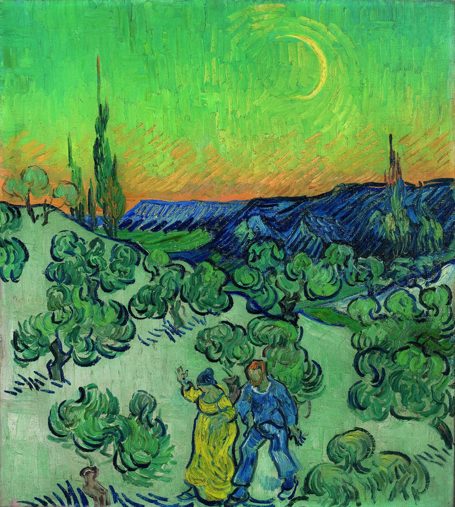 Landskab med et par der går og en halvmåne - Vincent van Gogh