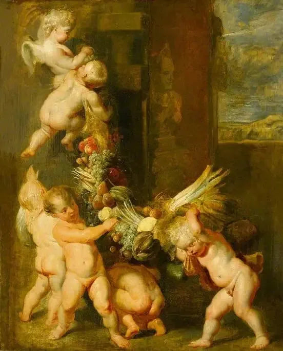 Putti bærer en blomsterkrans af frugt - Peter Paul Rubens