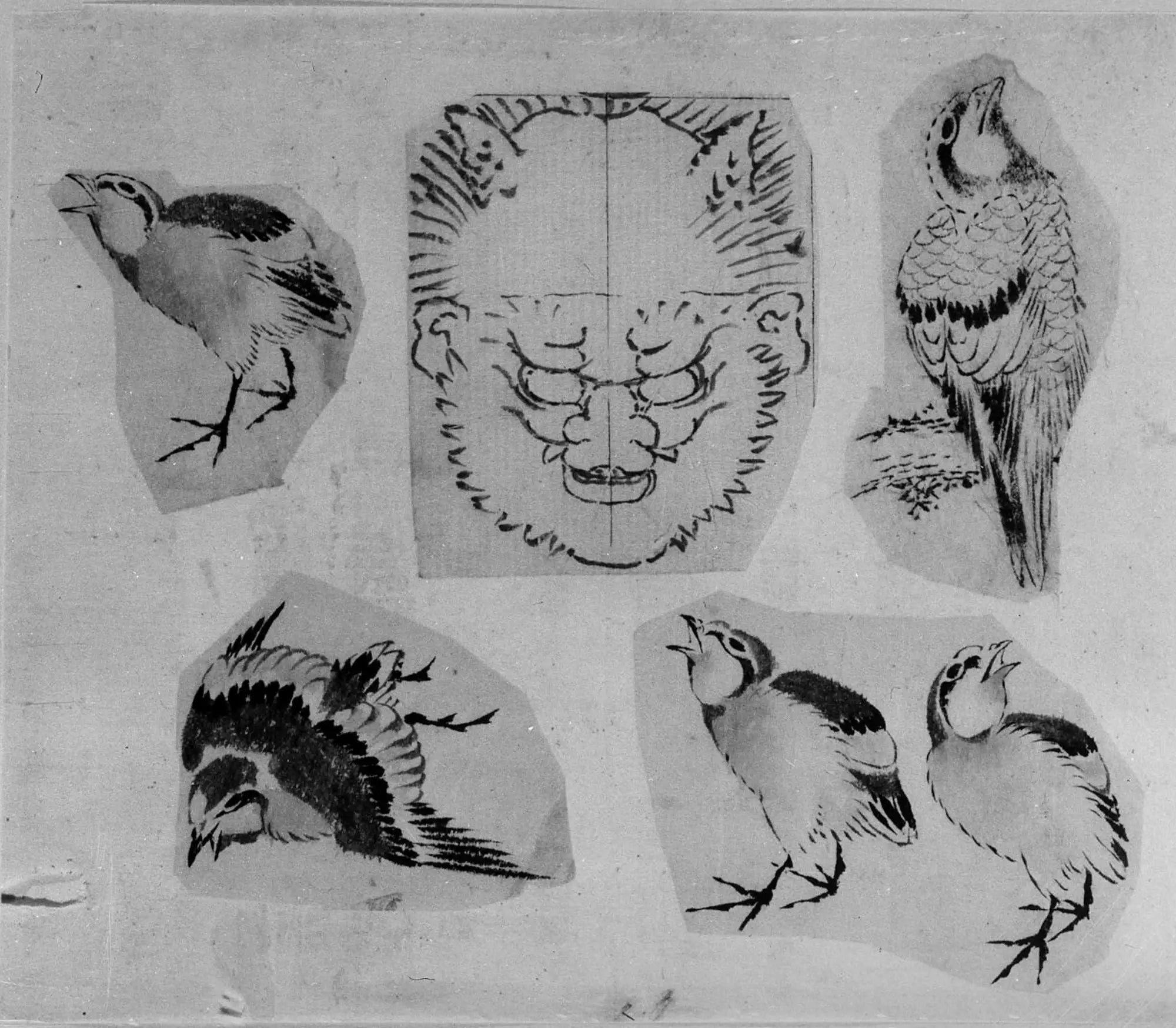 Quatre croquis d’oiseaux et un projet de masque grotesque montés ensemble - Hokusai - Alpha Reproduction