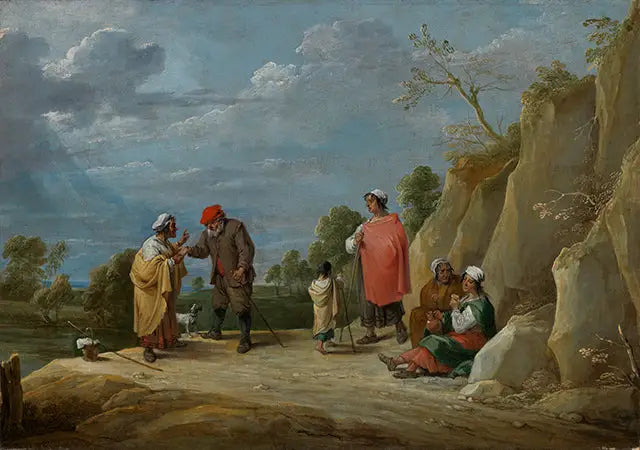 Fire sigøjnere med et barn, den ene af dem forudsiger en bon forudsigelse til en bonde - David Teniers den Yngre