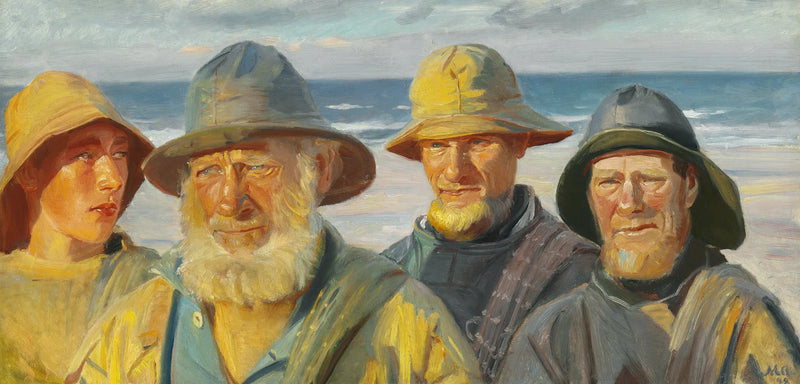 Fire fiskere står i solen på Skagen strand - Michael Peter Ancher