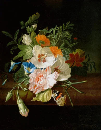 Fleurs et papillons sur une banquette de pierre - Rachel Ruysch