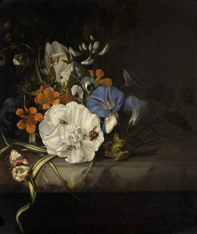 Branche fleurie, insectes et papillons sur une dalle de marbre - Rachel Ruysch