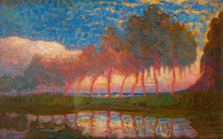 Række af elleve røde, gule, blå og grønne popler - Piet Mondrian
