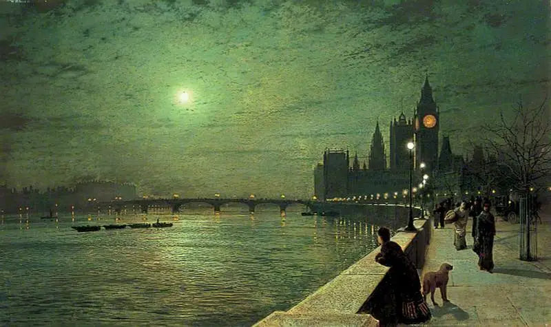 Refleksioner over Themsen, Westminster, London - John Atkinson Grimshaw
