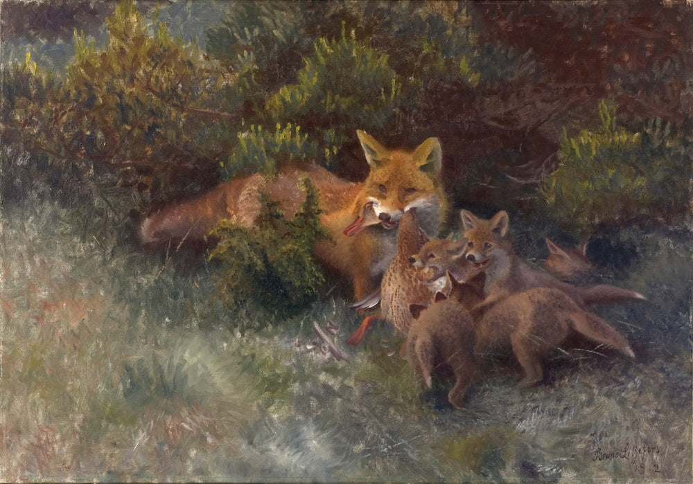Renard avec ses petits - Bruno Liljefors image 1 reproduction de peinture à l’huile
