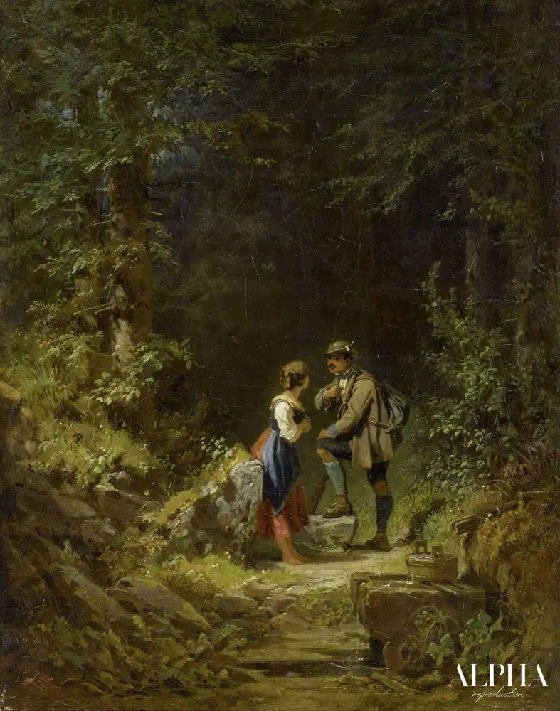 Rencontre dans la forêt (chasseur et laitière au puits de la forêt) - Carl Spitzweg - Reproductions de tableaux et peintures haut de gamme