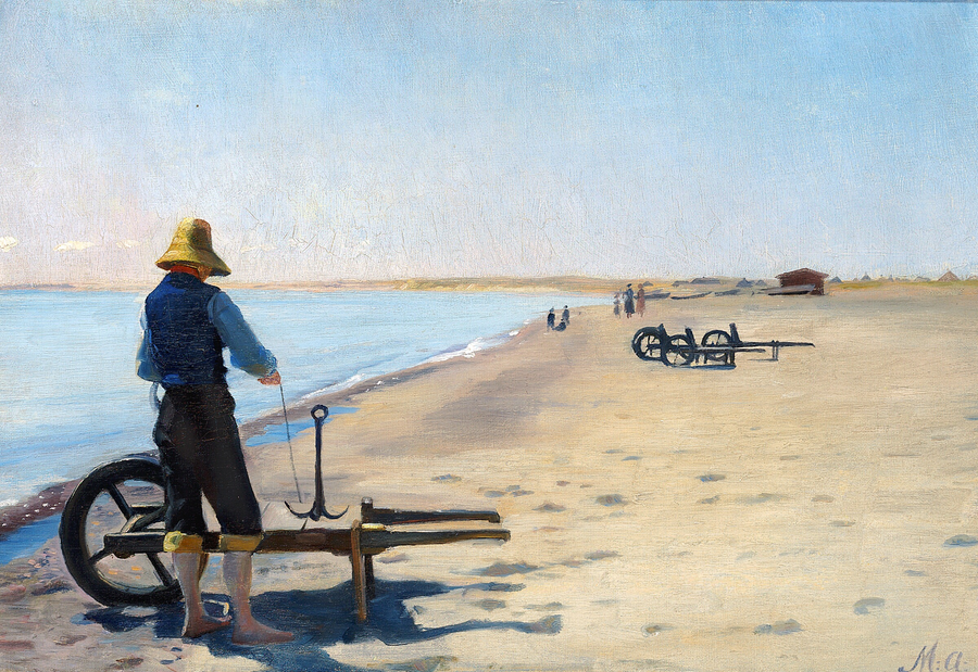 Ankerreparation på en sommerdag ved Skagen strand, Danmark. - Michael Peter Ancher