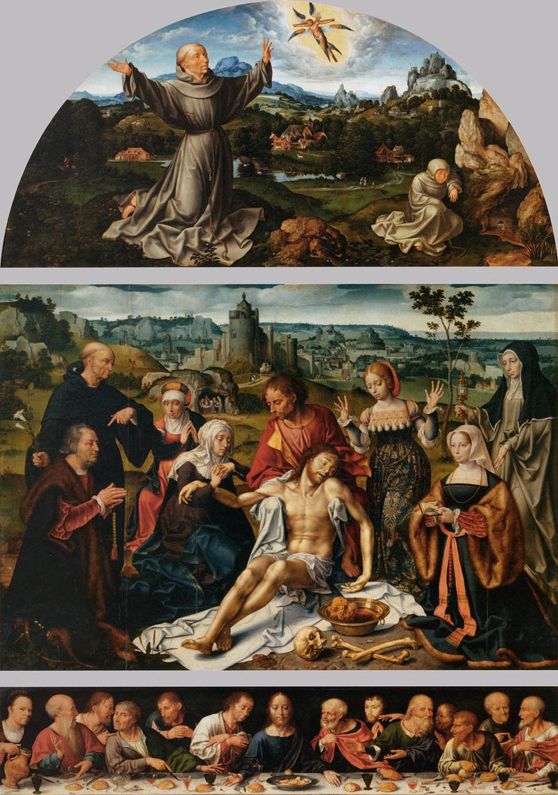 Kristi sorgeskjold: Kristi sorg (midterpanel); Saint Franciscus' stigmatisering (lunette); Nadver (predella) - Joos van Cleve