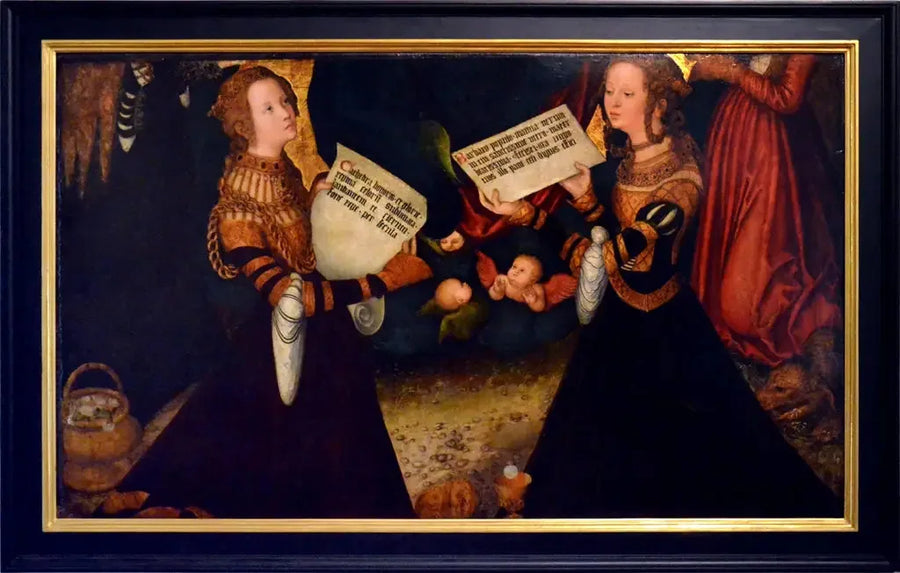 Prag-bord [centraltavle, fragment] : Sankt Katharina og Sankt Barbara med fragmenter af figurerne af Sankt Dorothea og Sankt Margareta - Lucas Cranach den Ældre