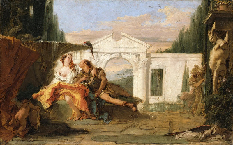 Rinaldo og Armida i den magiske have af Armida, lyttet til af Carlo og Ubaldo - Giovanni Battista Tiepolo