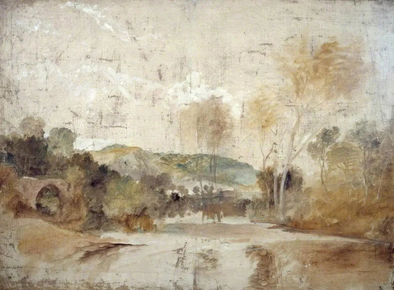 Flodscene med dæmning i mellemafstand - J. M. W. Turner